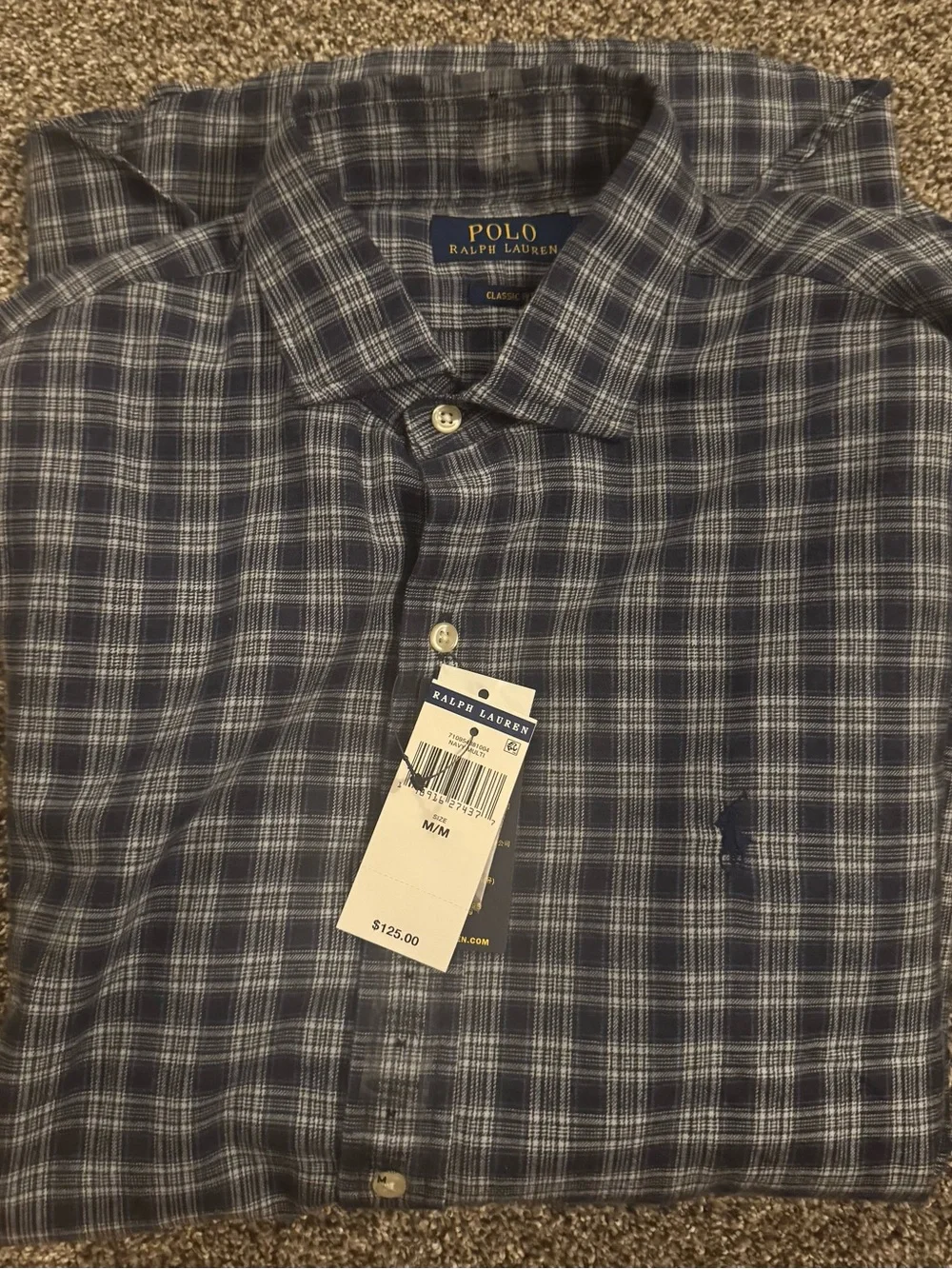 Men's Polo Ralph Lauren Classic Fit Navy Button Down Plaid Polo Shirt- M NWT